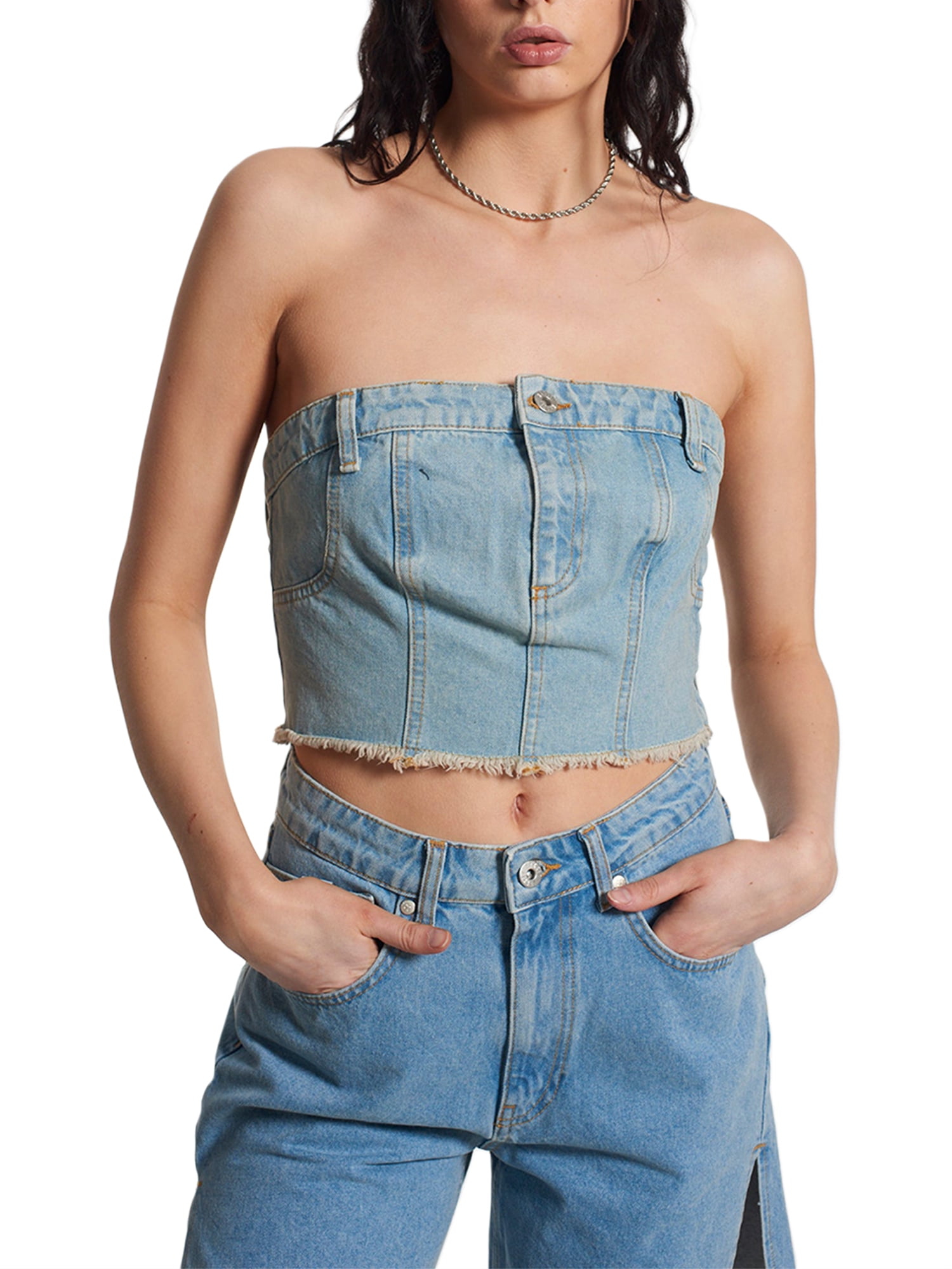 Women's Denim Strapless Tube Tops Push Up Bustier Jeans Tank Vest Chic Tube  Off Shoulder Crop Tops Clubwear Streetwear 