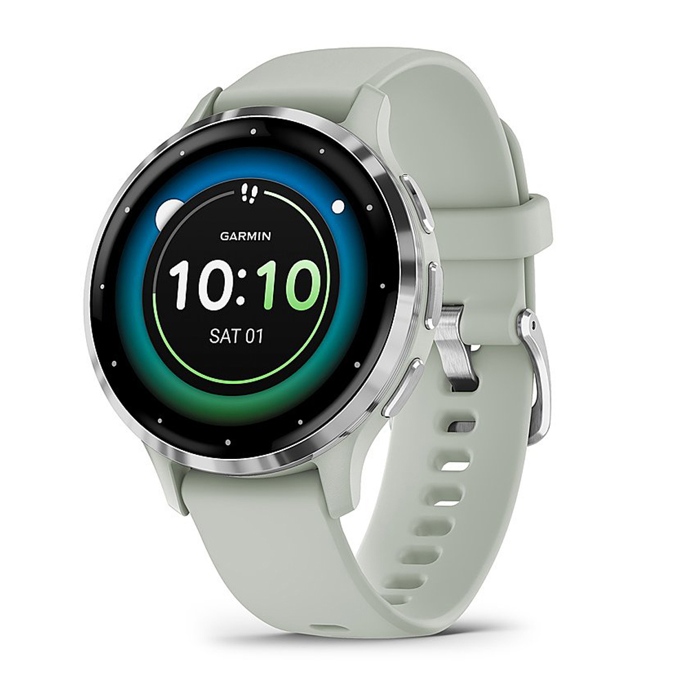 Garmin 010-02785-01 Venu 3S Health Fitness GPS Smartwatch Steel Bezel with Sage Gray Case (41mm) Bundle with Sport Towel, Deco Essentials Wearable Safety Light| Official Garmin USA Dealer