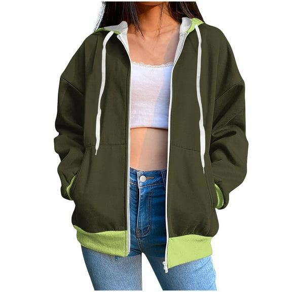 BXINGOHAI Women's Thin Fleece Hoodies Full Zip Up Sweatshirts With Pockets Solid Long Sleeve Casual Hooded Jackets Today Army Green,XXL