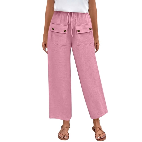 Casual Pants For Women Sevevn Women's Linen Blend Wide Leg Cropped Pants High Waist Drawstring Casual Capris with Pockets Pink S