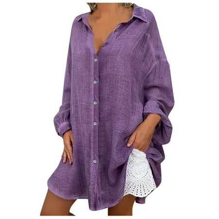 Long Sleeve Shirts for Women Button Shirts Linen Cotton Long Sleeve Blouse Tunic Tops Cover Up Shirt Loose Beach Bikini Dress Purple 2XL on Clearance