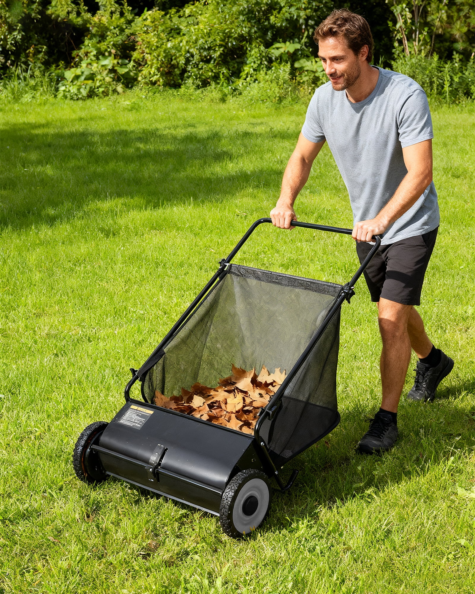 Memoryfield 26" Push Lawn Sweeper with 4 Spinning Brushes, 7 Cu.ft Large Capacity Collector, Adjustable Height Yard Leaf Sweeper for Lawn, Garden & Patio Cleanup, Black