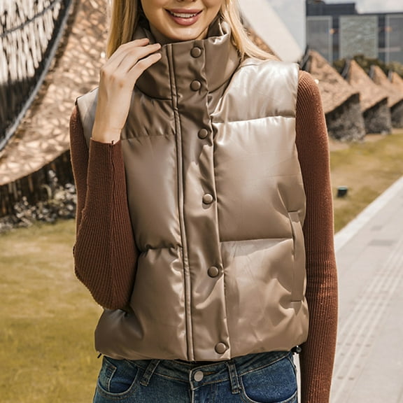 GERsome Womens PU Leather Cropped Puffer Vest Winter Faux Leather Zip Up Sleeveless Jacket