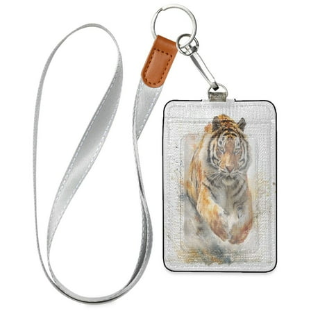 PU Leather ID Badge Holder Stylish Badge Holders with Lanyard (4.3x2.8x0.3in) for Cards & Credentials Tiger in Action