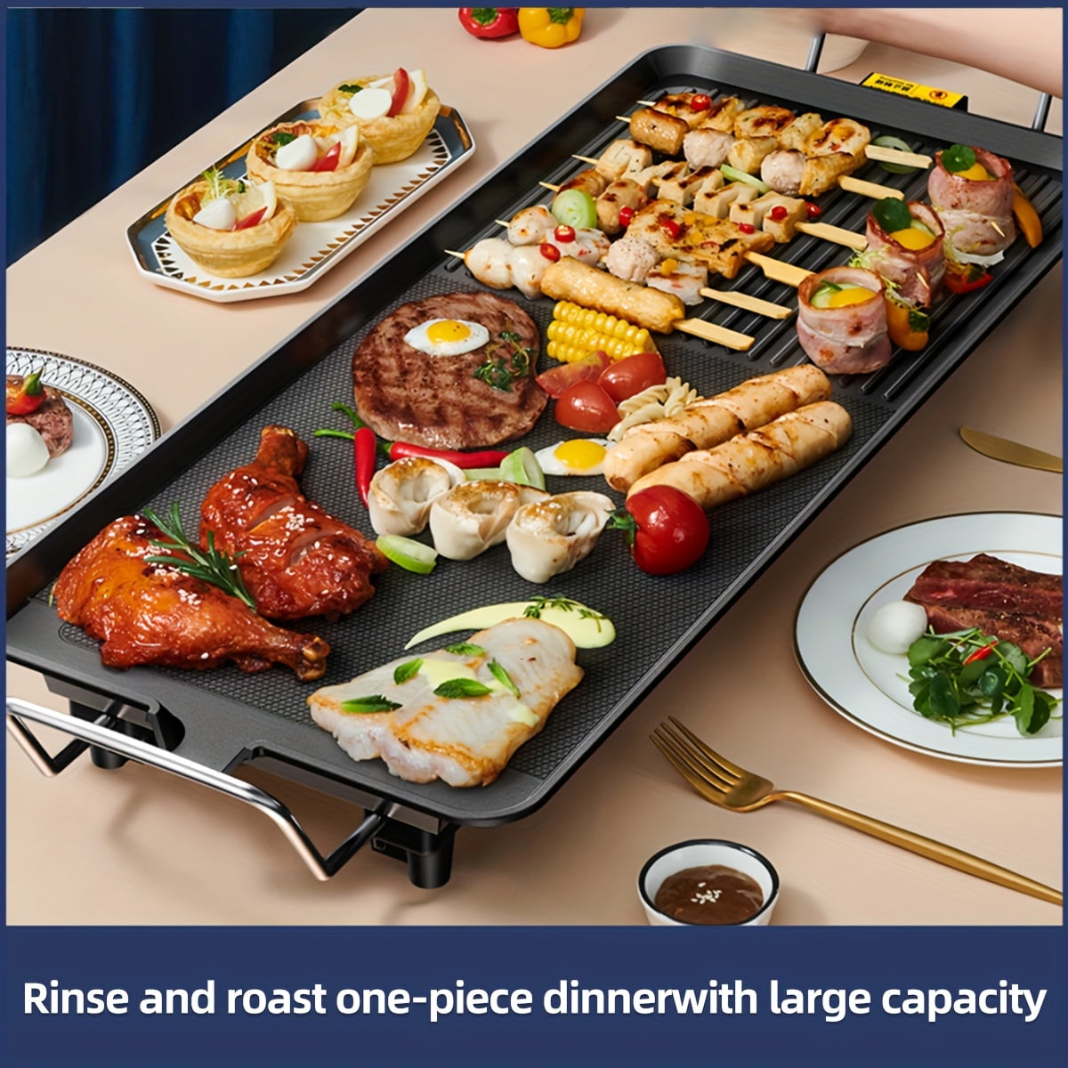 1500W Oblong Multifunctional Electric Baking Pan, 5-Gear Adjustable Temperature, Non-Stick Smokeless Design, 110V Indoor Electric Grill, Dishwasher Safe, Perfect for Fried Eggs,