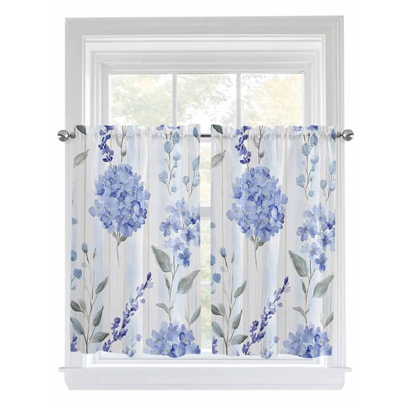 Tier Curtains 45 Inches Long, Hydrangea Leaves Window Treatment Curtain Drapes, Blue Striped Botanical Floral Small Curtain Drapes for Bathroom Laundry Room, 27.5"x45", 2 Panels