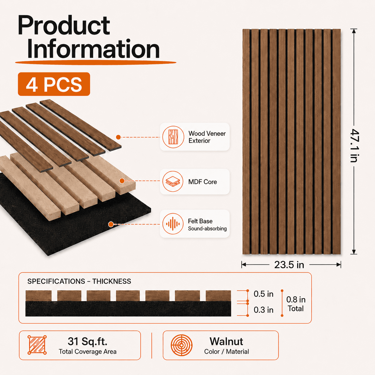4-Pack Wood Slat Acoustic Wall Panels, 23.5" x 47.1" MDF Slat Wall Paneling for Modern Interior Wall Decor, Sound Absorbing Accent Panels, 31 Sq. Ft,Walnut