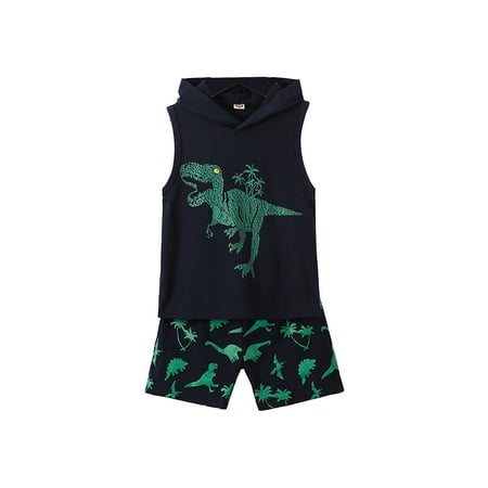 

xkwyshop Toddler Boys Summer Clothes Dinosaur Print Hooded Sleeveless Tank Tops and Short Pants 2PCS Outfit Kids Set Navy Blue