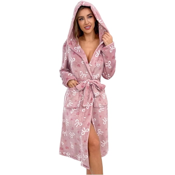 Arlun Womens Robes Long Sleeve Soft Bathrobe with Belt Cute Bow Pattern Print Wrap Loungewear Casual Over the Knee Length Comfortable Sleepwear with Pockets Purple XL