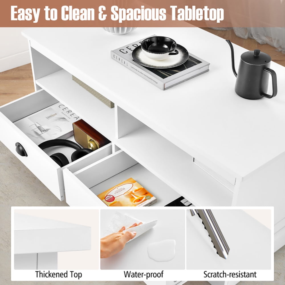 Finihen Coffee Table, Rectangular Coffee Table, Modern Coffee Table with Drawers and Open Cubies, for Living Room, Reception Room, Office, White Finihen Coffee Table, Rectangular Coffee Table, Modern Coffee Table with Drawers and Open Cubies, for Living Room, Reception Room, Office, White