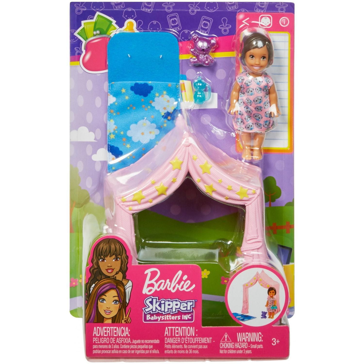 Poupée et coffret de jeu Barbie Skipper Babysitters Inc. avec poupée jeune enfant, tente et sac de couchage