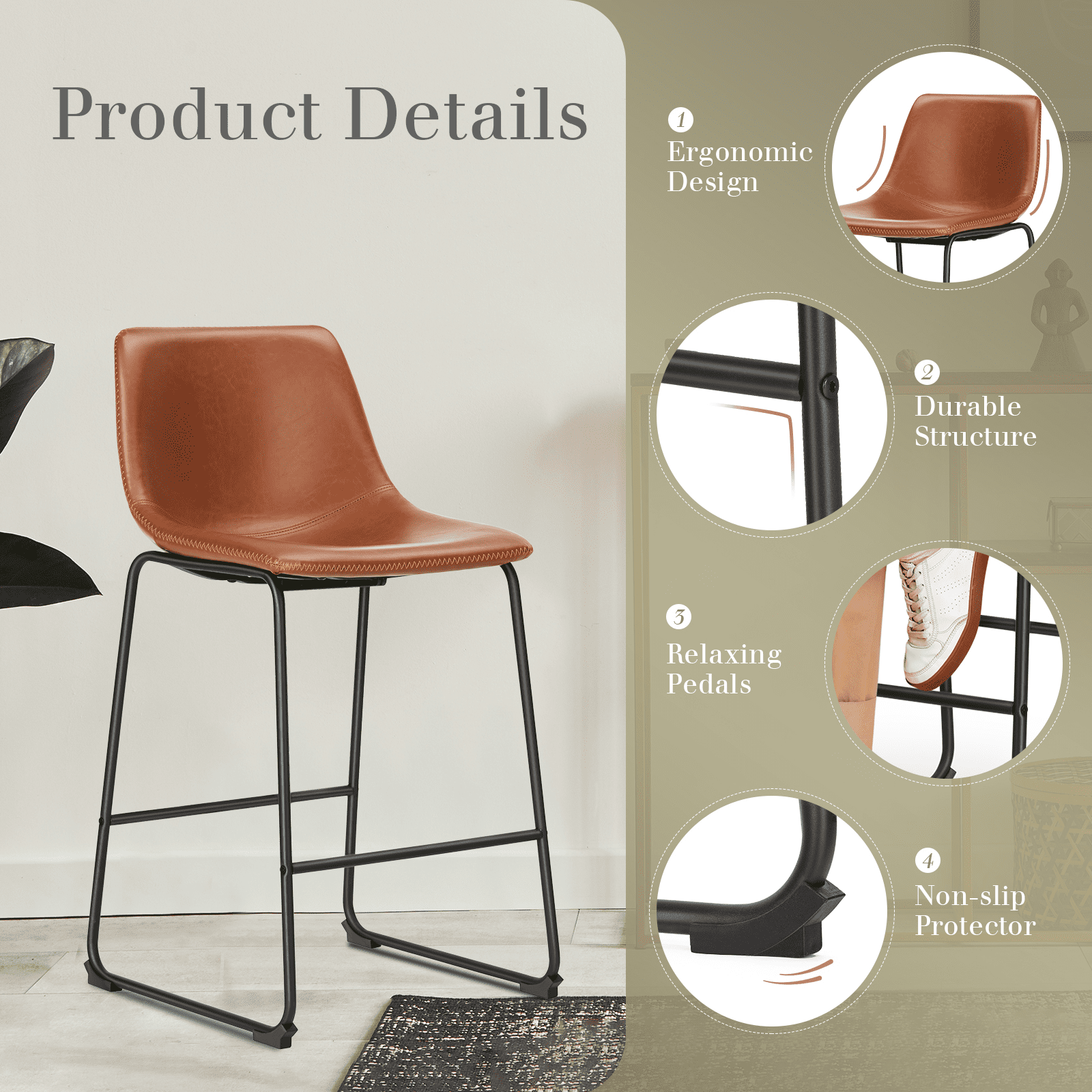MAYEERTY Armless Barstools Faux Leather Dining Chairs with Metal Legs and Footrest, for Home Office Kitchen Island