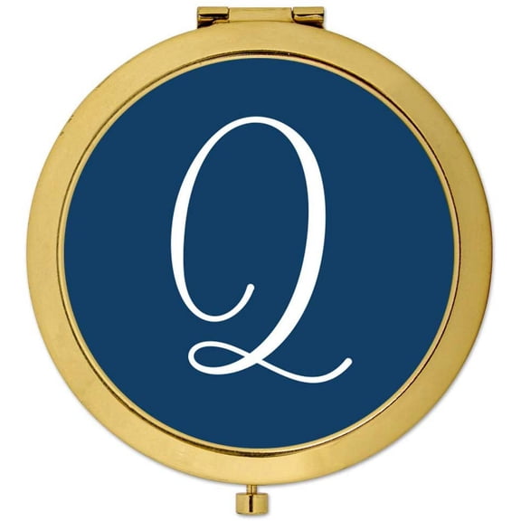 Koyal Wholesale Gold Compact Mirror Bridesmaid's Wedding Gift, Navy Blue, Monogram Letter Q, 1-Pack