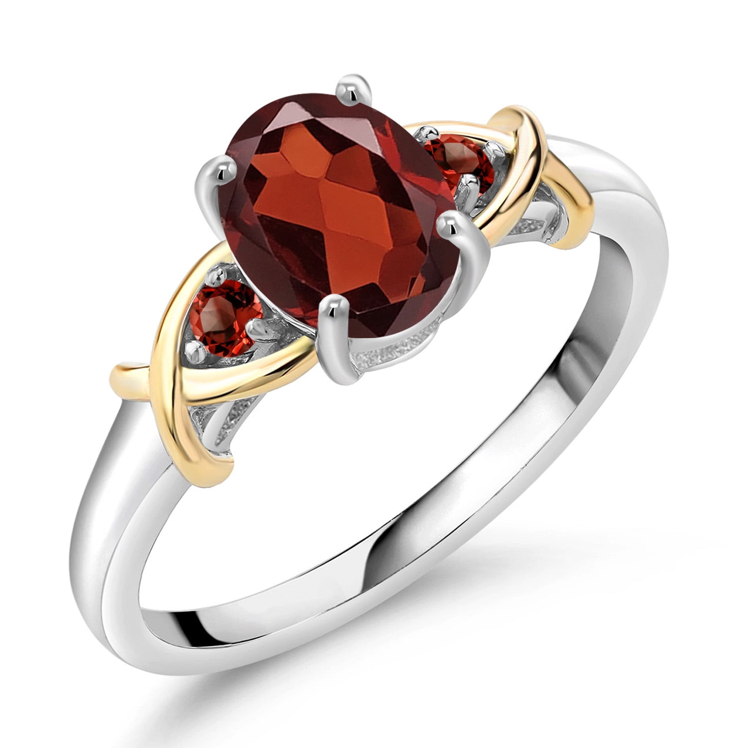 Gem Stone King 1.60 Cttw Red Garnet 3-Stone Ring for Women | 925 Silver and 10K Yellow Gold | Oval 8X6MM | Gemstone Birthstone | Three Stone Wedding Engagement Anniversary Ring for Women | Size 9