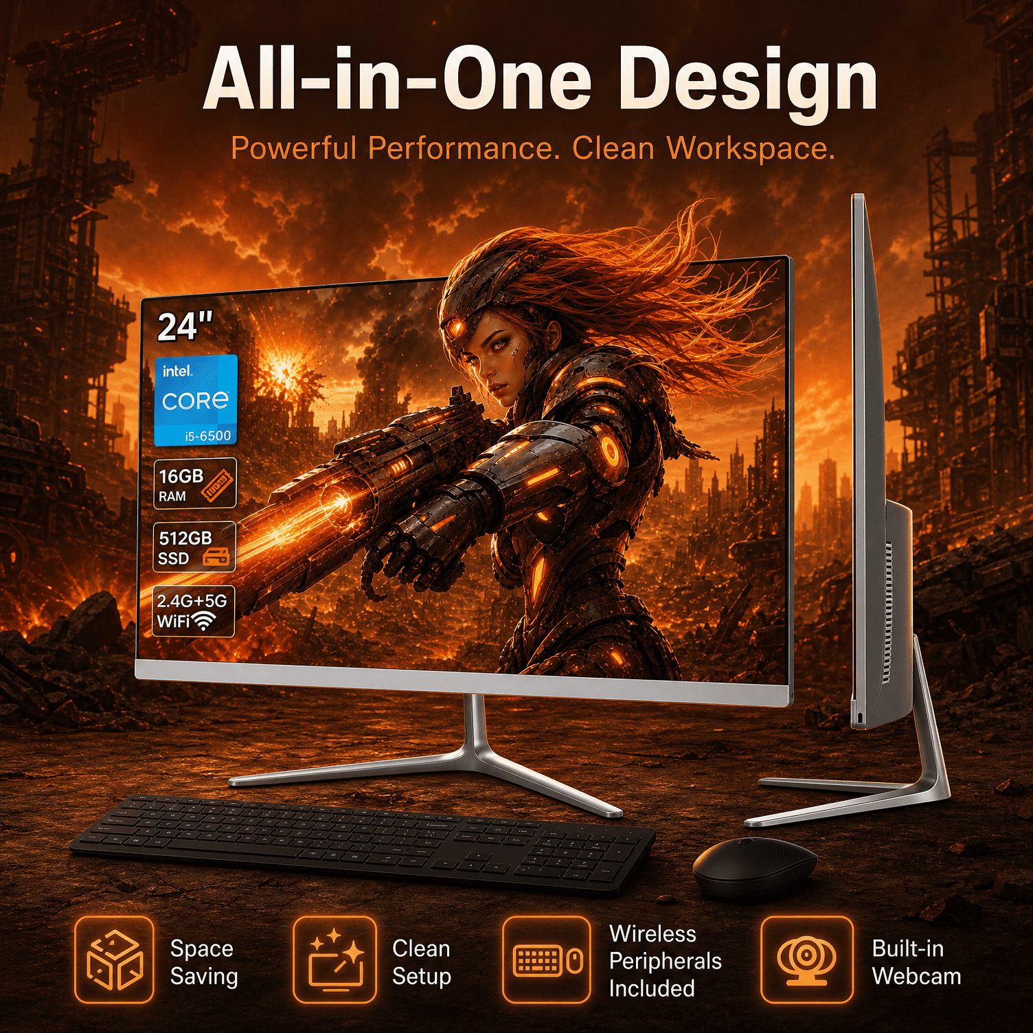 TOEMAAGIC 24-inch All-in-One Desktop Computer, Intel Core i5-6500, 16GB RAM, 512GB SSD, Windows 10, Wi-Fi, Bluetooth, Webcam, Includes Wired Keyboard and Mouse, White