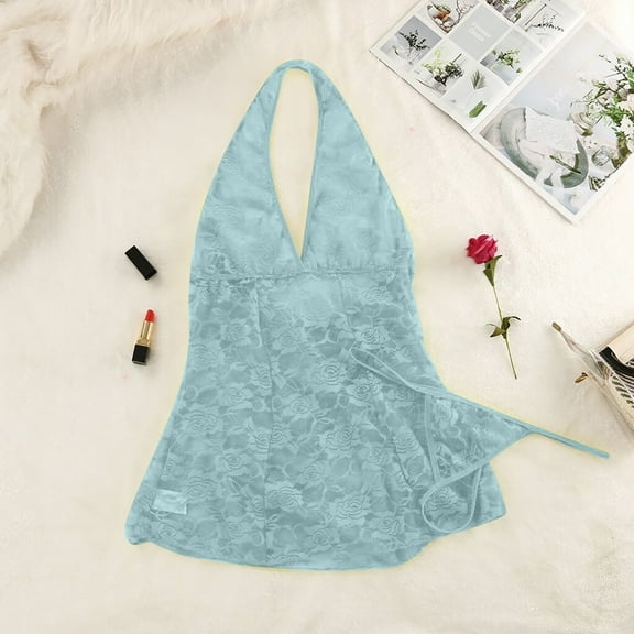 Fengqque Ladies Sexy Underwear Hanging Neck Lace See-Through Babydoll Nightdress