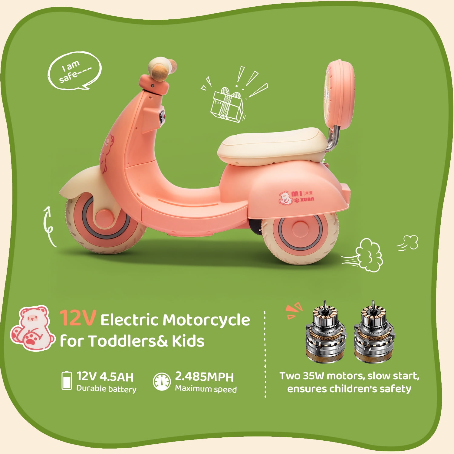 Track Seven 12V Ride on Motorcycle, 3-Wheel Toddler Electrc Scooter with Remote Control, Bluetooth, Wide Seat, Wooden Handle, Slow Start, Electric Motorycle for Boys Girls Aged 1-3 Years, Pink