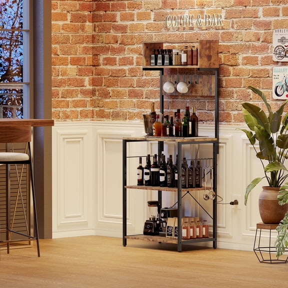 Ataucjin Kitchen Bakers Rack with Power Outlet,Small Coffee Bar Cart 4-Tier with 10 s Hooks, Microwave Stand, Adjustable Shelf, Freestanding Kitchen Appliance Organizer for Dining Room