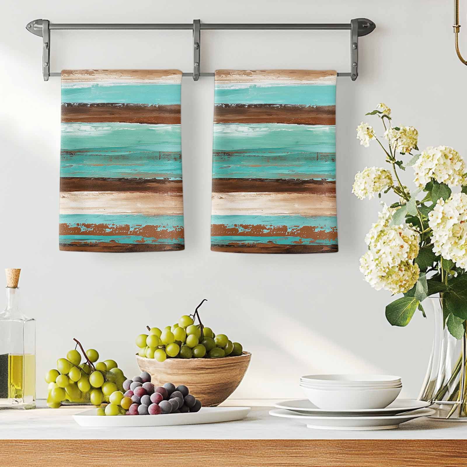 Turquoise Brown Kitchen Towels Set of 3, Watercolor Modern Abstract Striped Absorbent Dish Towels for Kitchen, Microfiber Hand Towel, Quick Drying Tea Towel for Cleaning Decorative Dishcloths