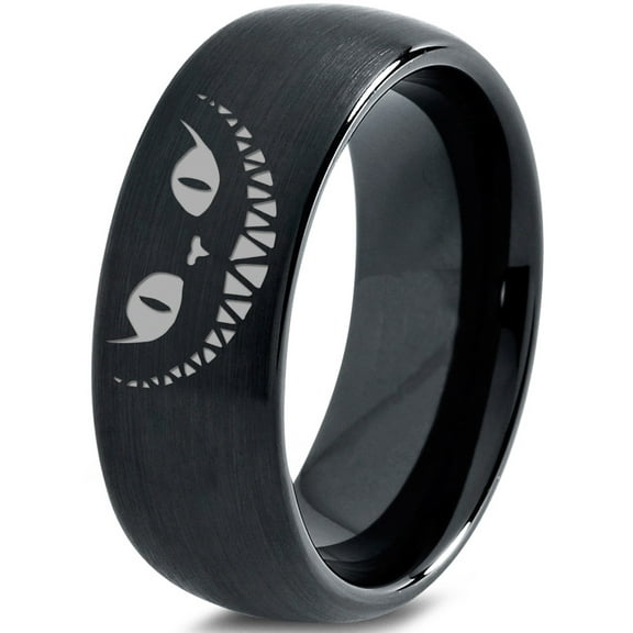 Tungsten Alice in Wonderland Cheshire Cat Band Ring 8mm Men Women Comfort Fit Black Dome Brushed Polished