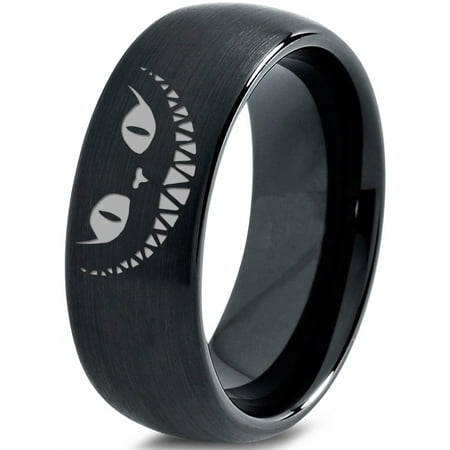 Cheshire Cat Jewelry Tungsten Alice in Wonderland Cheshire Cat Band Ring 8mm Men Women Comfort Fit Black Dome Brushed Polished ()