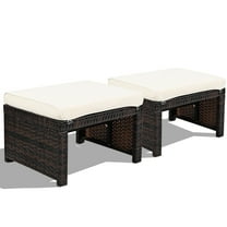 Gymax Set of 2 Rattan Ottoman Footrest Footstool Patio Furniture w/ White Cushion