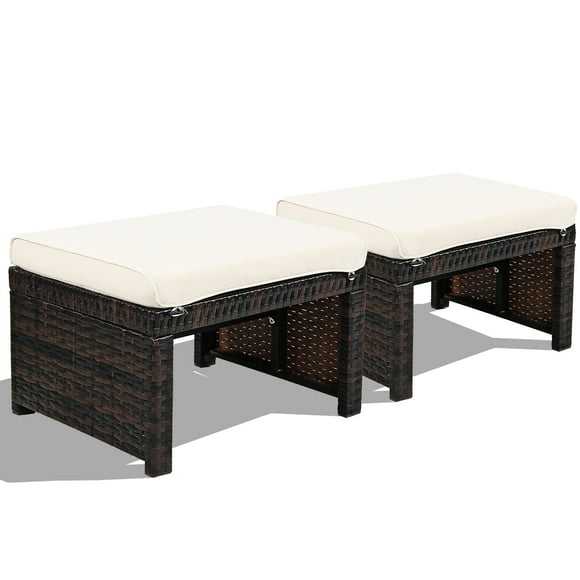 Gymax Ensemble de 2 Poufs Repose-Pieds en Rotin Mobilier de Patio avec Coussin Blanc