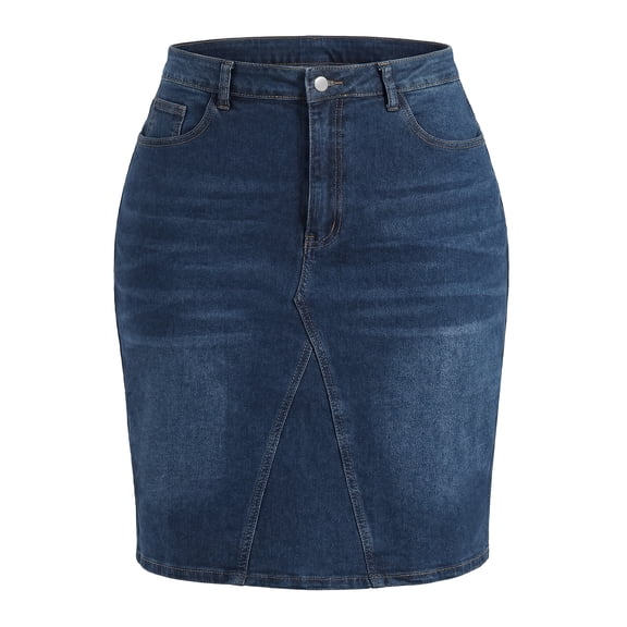 Agnes Orinda Women's Plus Size Denim Skirt High Waist Knee Length Stretch Casual Midi Jean Pencil Skirts with Pockets 1X Dark Blue