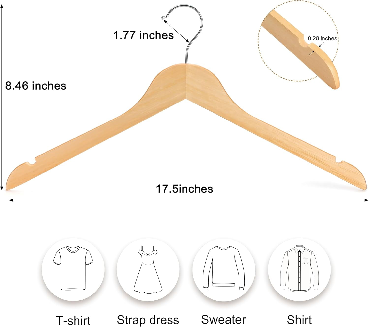 Wooden Hangers 48 Pack, 0.28-inch Slim & Durable Clothes Hangers Space Saving, Natural Wood Hanger with 360°Swivel Hook and Non-Slip Shoulder Notches for Coat,Shirt,Camisole,Dress
