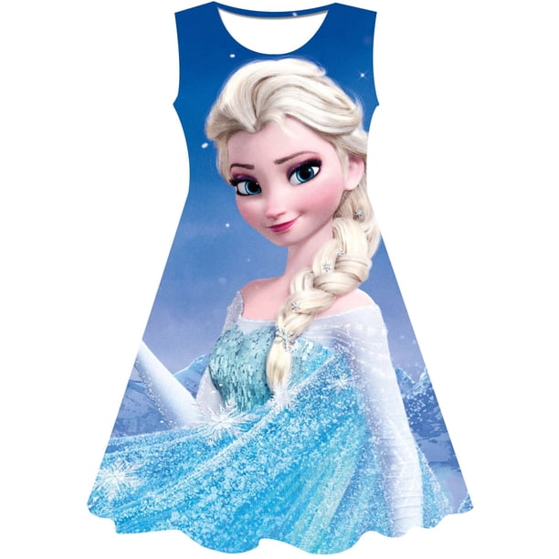 2023 nueva ropa de Elsa de Frozen de Disney para niños, falda bonita informal de verano, falda de cuello redondo, vestido de princesa Elsa de Frozen estampado 6T 2023 Gao Jinjia LED