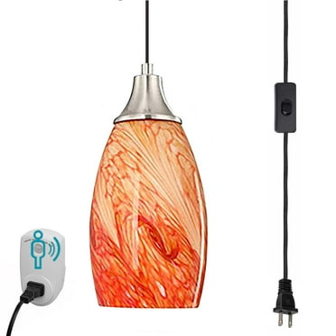 Kiven Motion Sensor Pendant Light Plug in, Modern Hanging Light Fixture with Orange Art Glass Lampshade, E26 Socket Pendant Light for Bedroom Hallway Nursery Kitchen