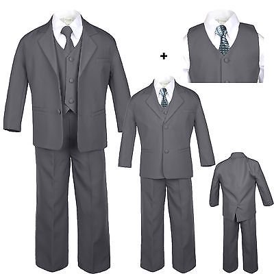 

Boys Baby Toddler Teen Formal Wedding Dark Grey Tuxedo Suits Checkered Tie S-20