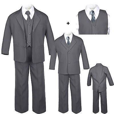 Boys Baby Toddler Teen Formal Wedding Dark Grey Tuxedo Suits Checkered Tie S-20