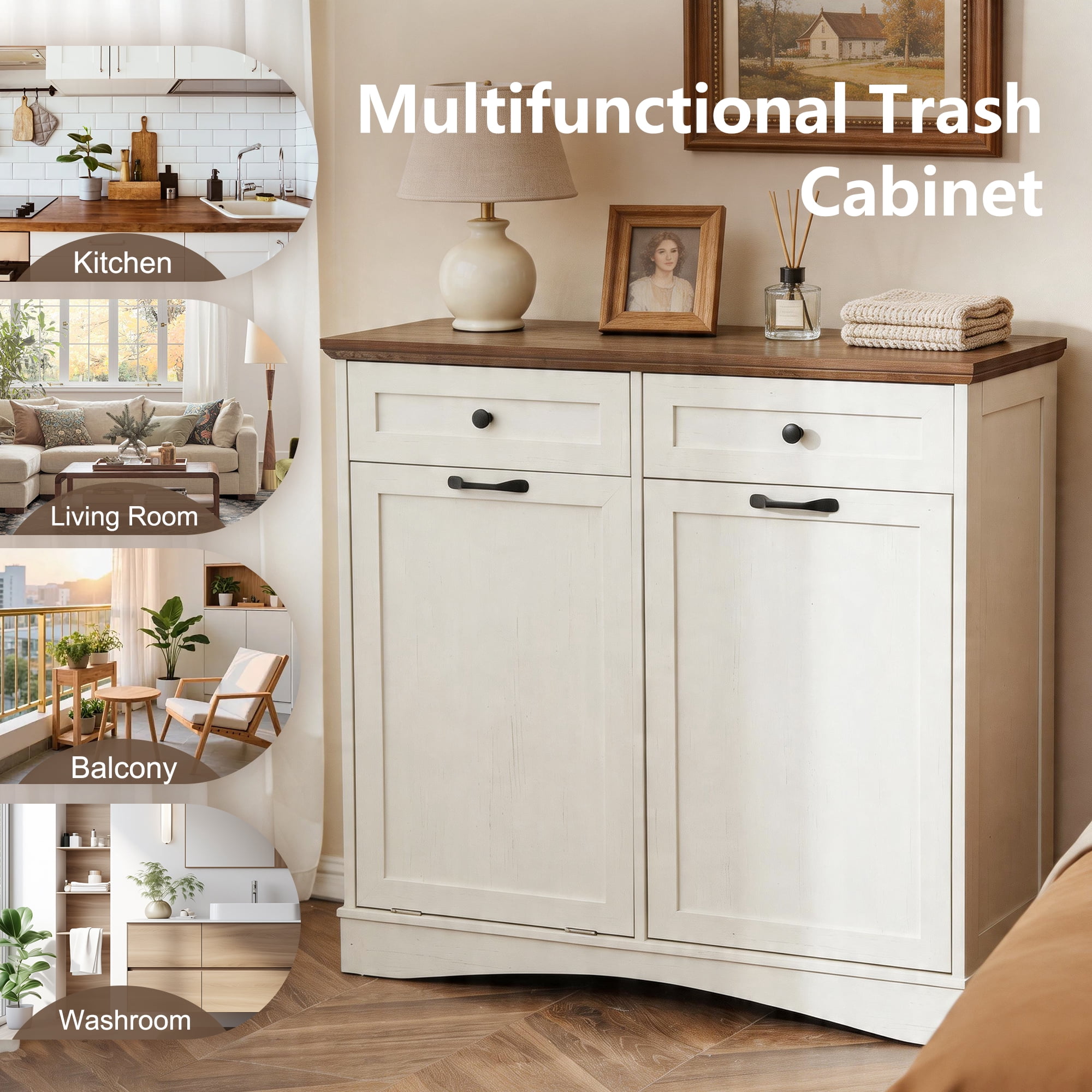 AHB 13 Gallon Single Tilt Out Trash Cabinet with Shelf, Kitchen Trash Can Storage Organizer, 39.4"L x 14"W x 38.3"H, White