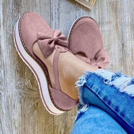 

Yinguo Women s Breathable Flat Round Toe Bow Buckle Strap Pumps Casual Single Shoes