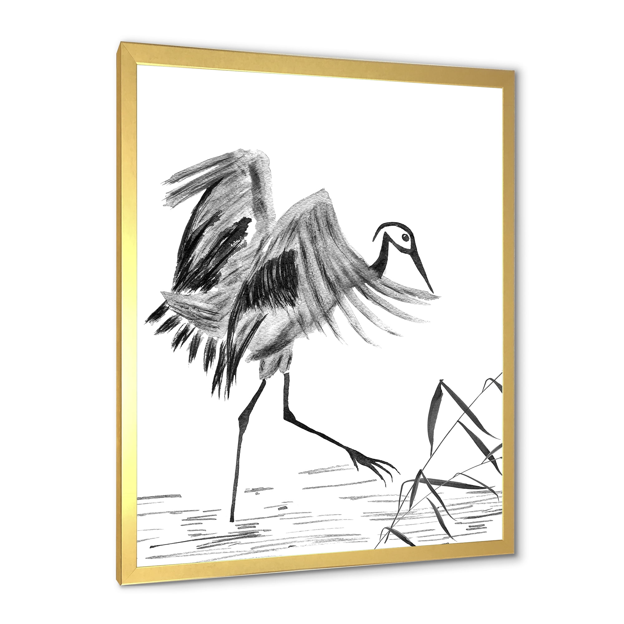 Designart 'Monochrome Japanese Oriental Crane Bird' Traditional Framed Art Print