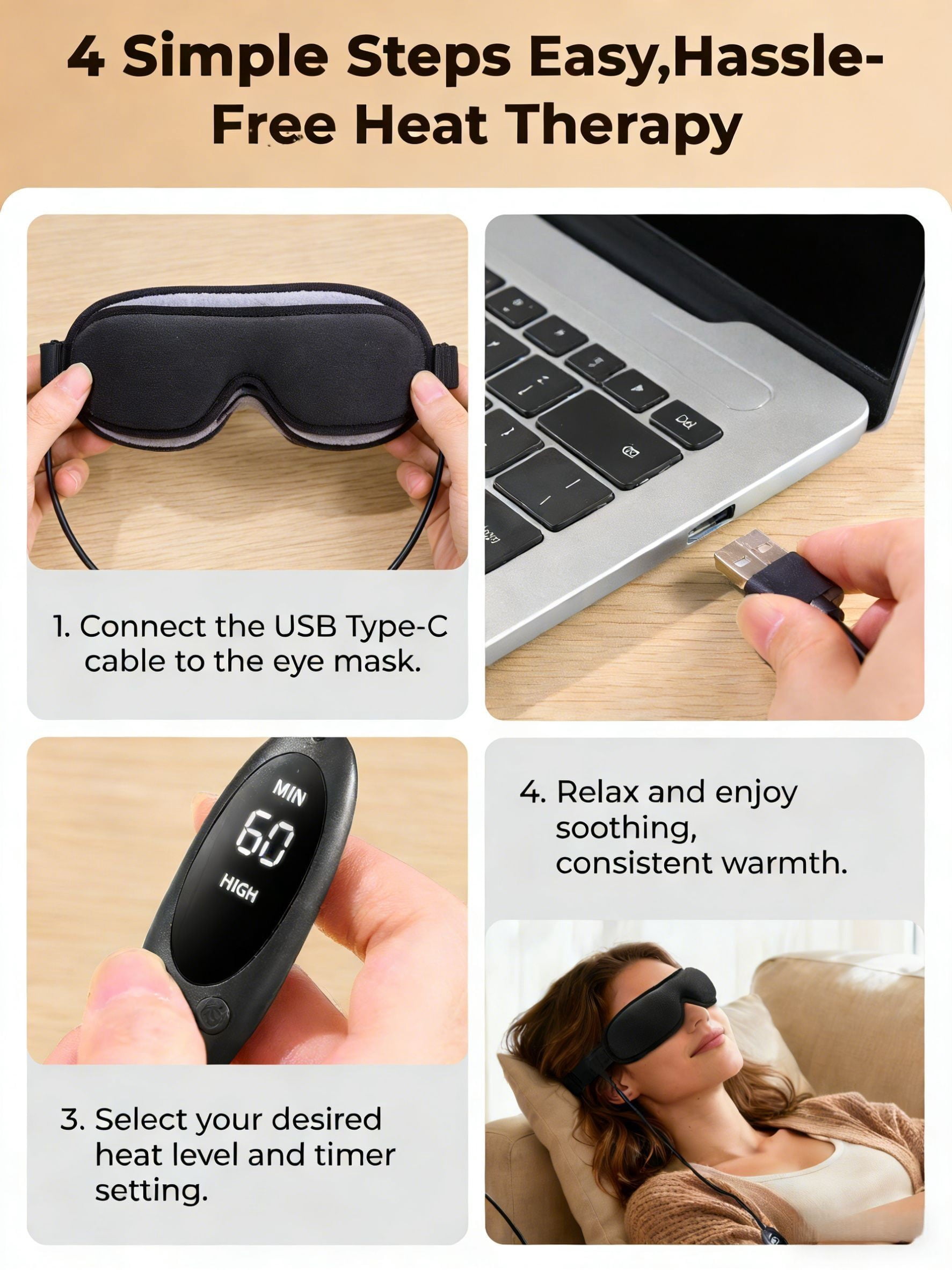 FACEMOON USB Heated Eye Mask,  Adjustable Heat and Timer, Warm Compress for Sleep and Dry Eye Relief