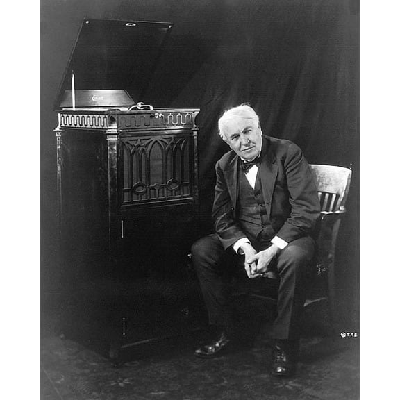Thomas Edison Seated by Phonograph - 12x18 Inch Laminated Poster - Stunning Detail and Bold Colors