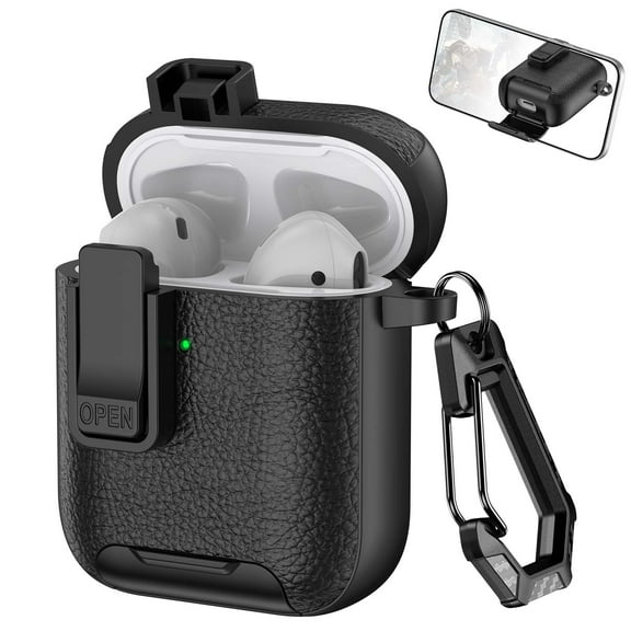 Decase Compatible with Apple Airpods 2nd Gen / 1st Gen Case with Phone Stand,Full Body Drop Protection Cover Automatic Snap Switch Lock Design with Carabiner Keychain Headphone Case,Black