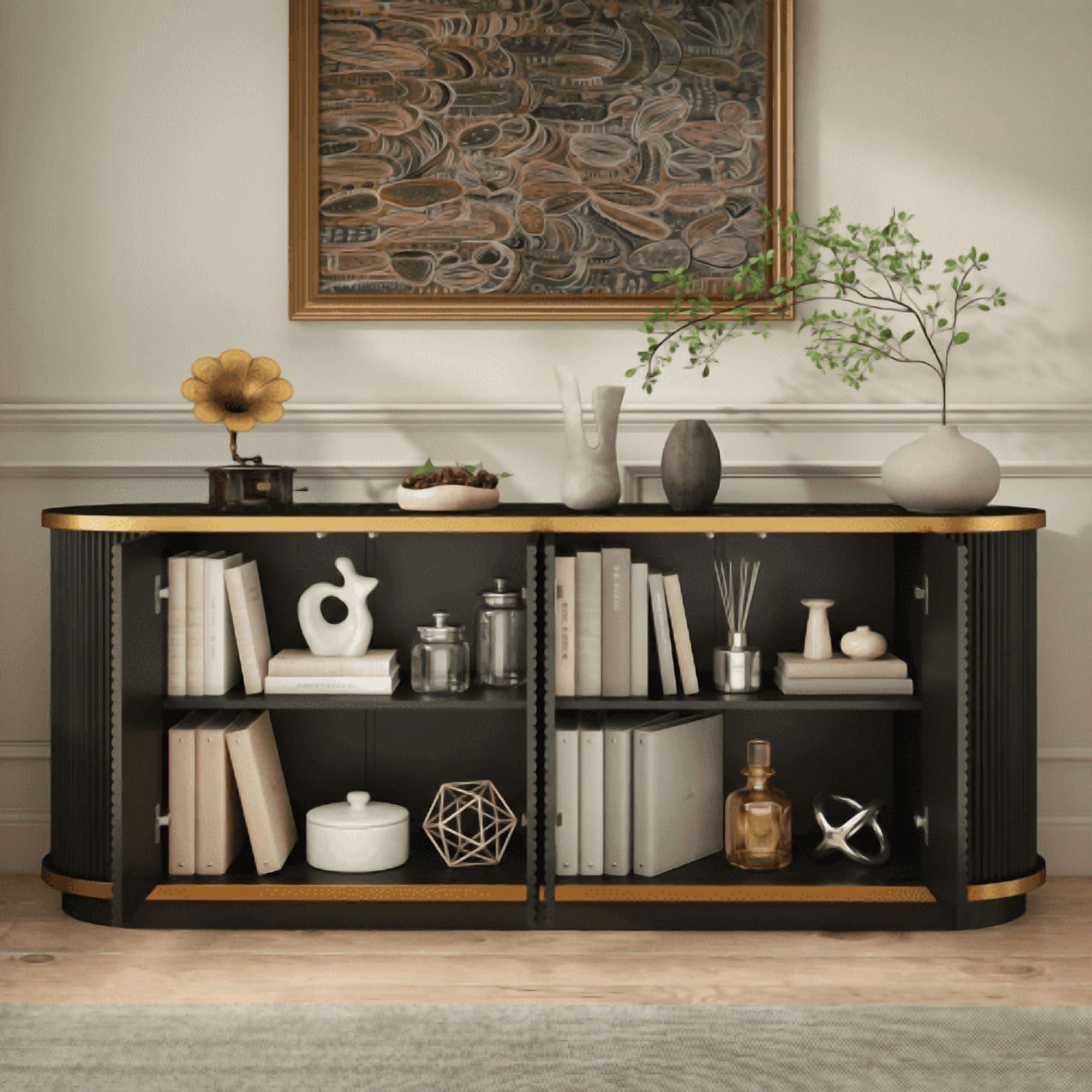 63" Diagonal Fluted Sideboard Cabinet with Gold Trim & Faux Marble Top – Buffet Credenza TV Stand for Living Room, Dining Room, Black