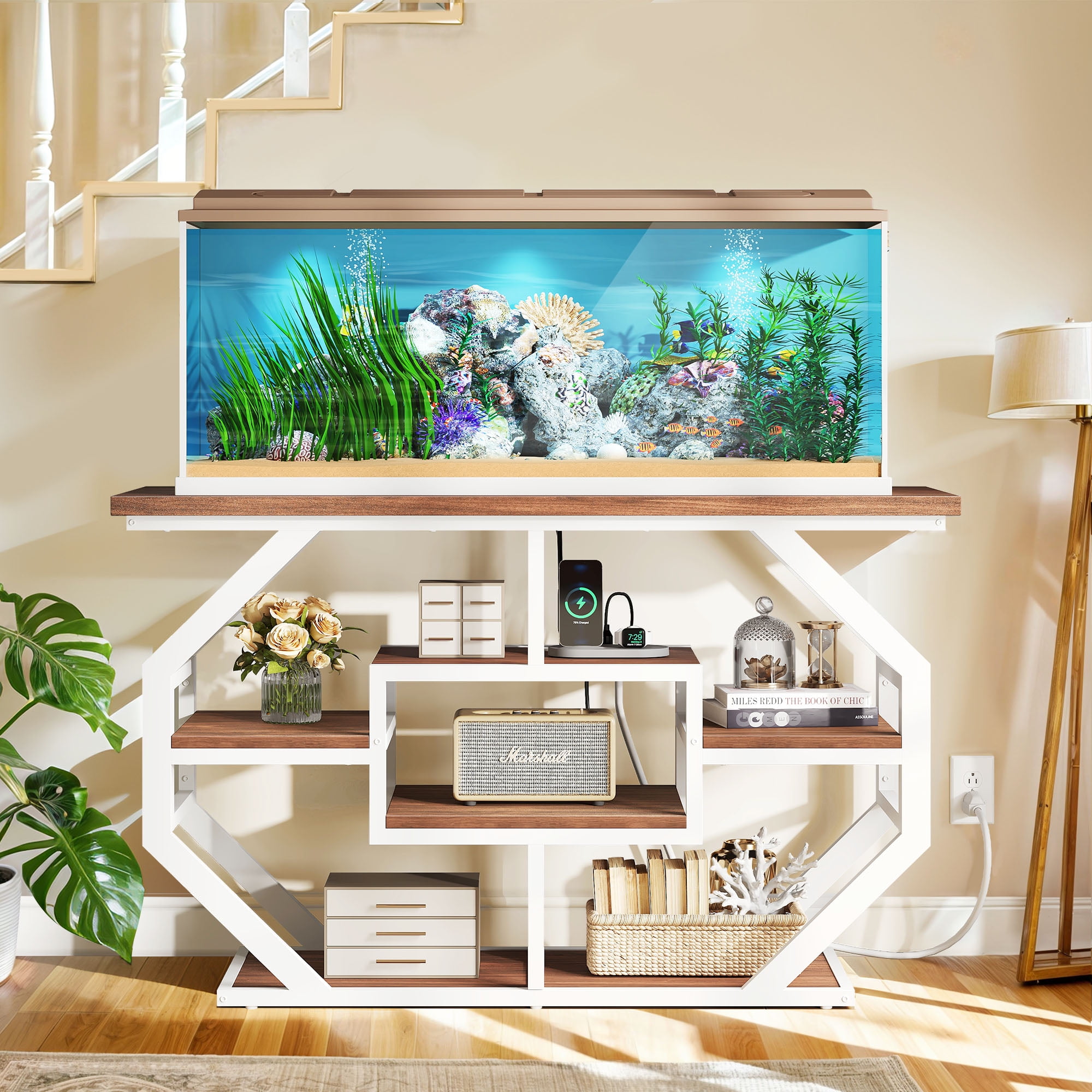 Uforic 55-75 Gallon Aquarium Stand with Power Outlets, Cabinet for Fish Tank Accessories Storage - Heavy Duty Metal Fish Tank Stand, 865LBS Capacity, White & Walnut