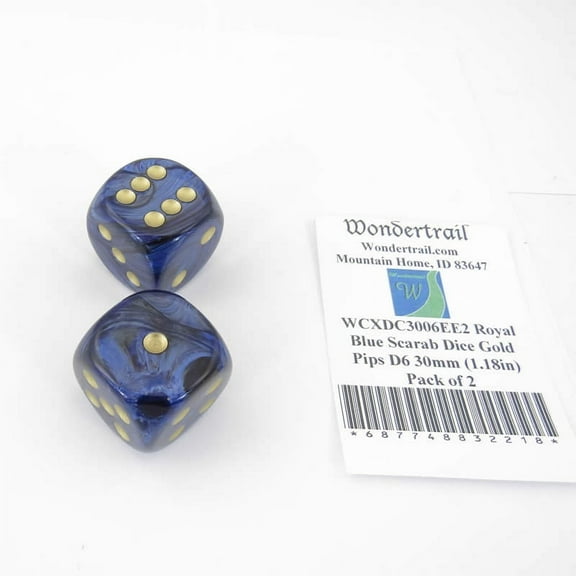 Royal Blue Scarab Dice with Gold Pips D6 30mm (1.18in) Pack of 2 Wondertrail