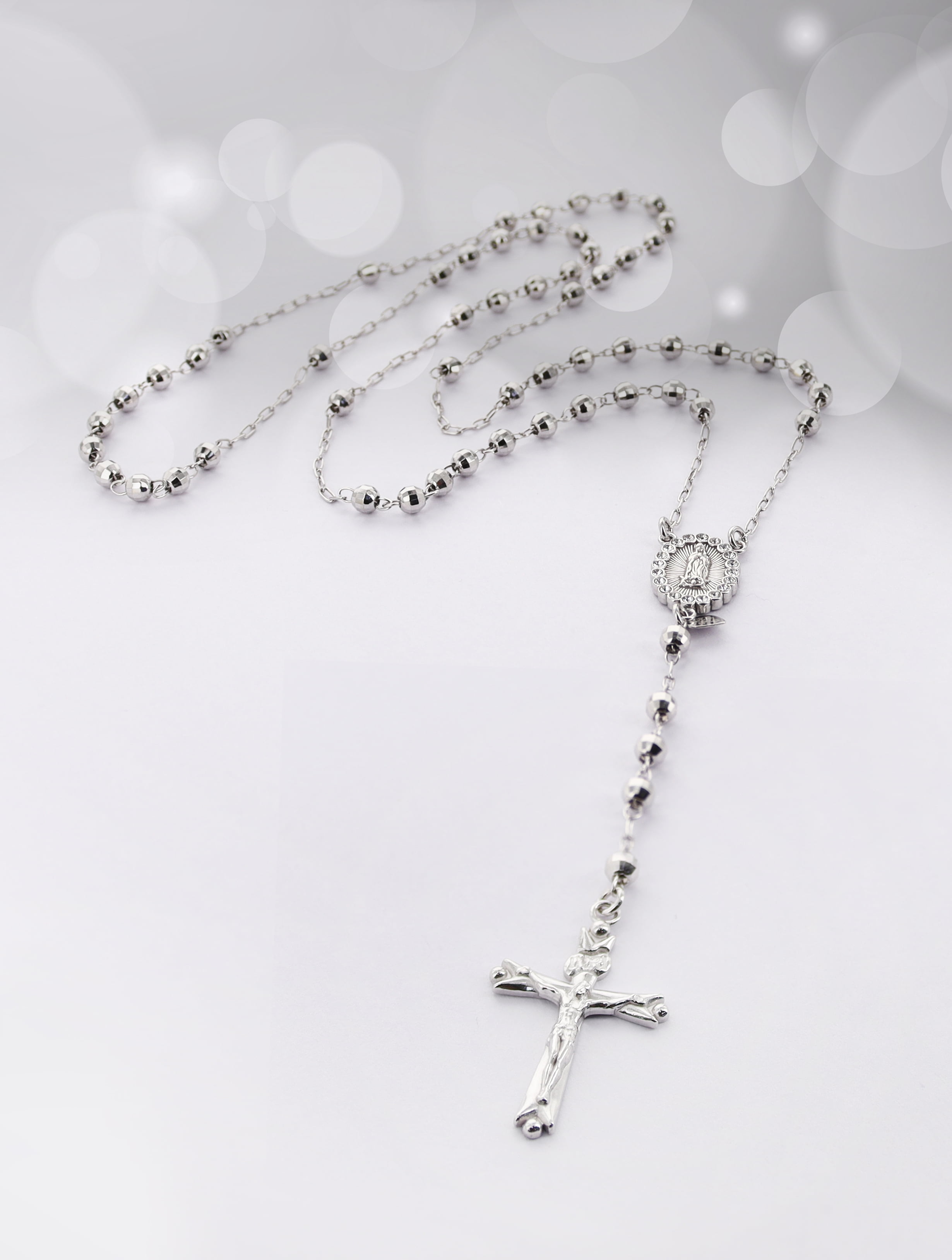 Brilliance Fine Jewelry Sterling Silver Crystal Rosary Rhodium Plated Necklace 26"