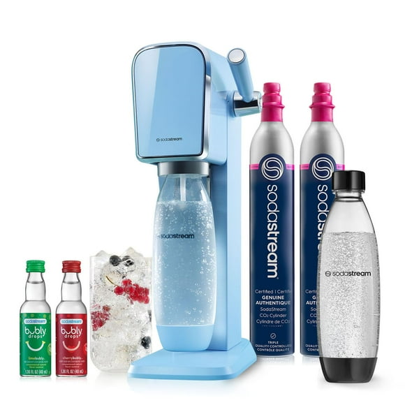SodaStream - Fabricante de agua con gas ART | PAQUETE DE VALOR | Sistema CQC CO2 | Incluye 2 cilindros de CO2, 2 botellas aptas para lavavajillas de 32 onzas líquidas, 2 gotas de sabor burbujeante | C