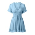 thumbnail image 3 of Lenpel Womens Summer Dresses Boho V Neck Ruffle Hem Short Sleeve Mini Dresses Casual Flowy Vacation Travel Outfits, 3 of 4