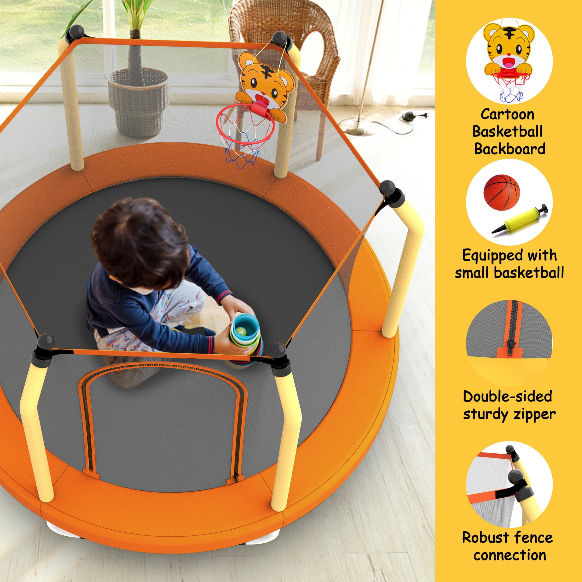 LIZEVINC 55-Inch Outdoor Toddler Trampoline with Enclosure Net, Mini Round Trampoline for Kids with Basketball, Small Trampoline Gifts for Boy and Girls,Yellow