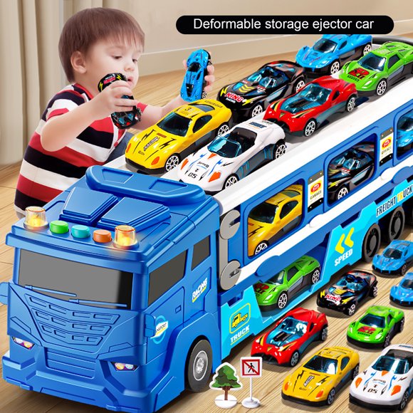 1 Set Kids Truck Toy with Sound Light Guideposts Double Layers Foldable Track Alloy Mini Ejection Car Racing Inertial Drive Carrier Container Vehicle Toy Boys Birthday Gift