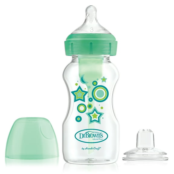 Dr. Brown's Anti-Colic Options  Wide-Neck Sippy Bottle Starter Kit, 9oz/270ml, Green, BPA Free, 6m  