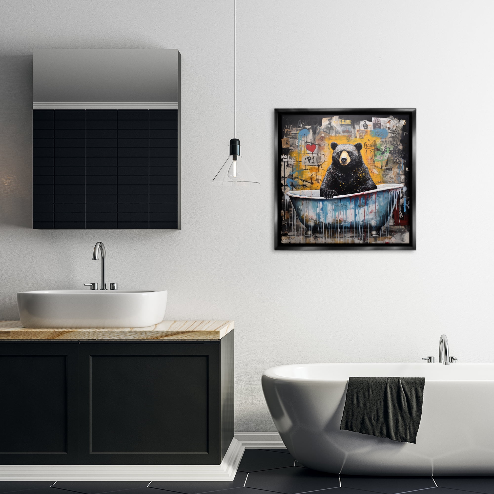 Stupell Industries Graffiti Bathing Bear Typography Painting Black Floater Framed Canvas Art Print Wall Art, 25 x 25