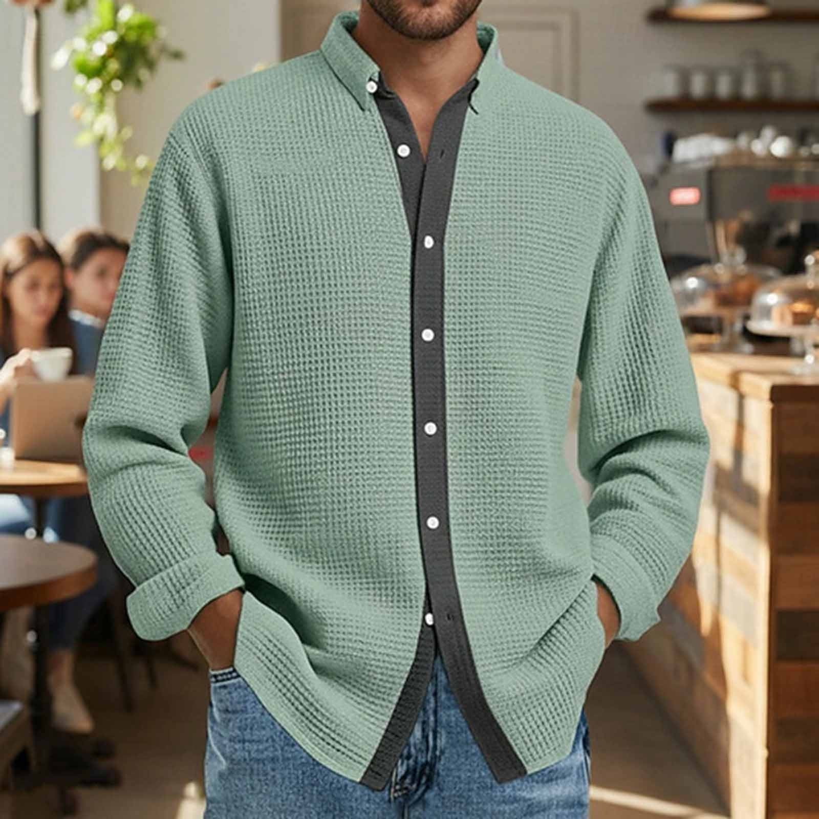 Long Sleeve Shirts for Men, Men's Button Down Waffle Textured Shirt Casual Long Sleeve Lapel Neck Wrinkle Free Untucked Shirts Fashion Clothes
